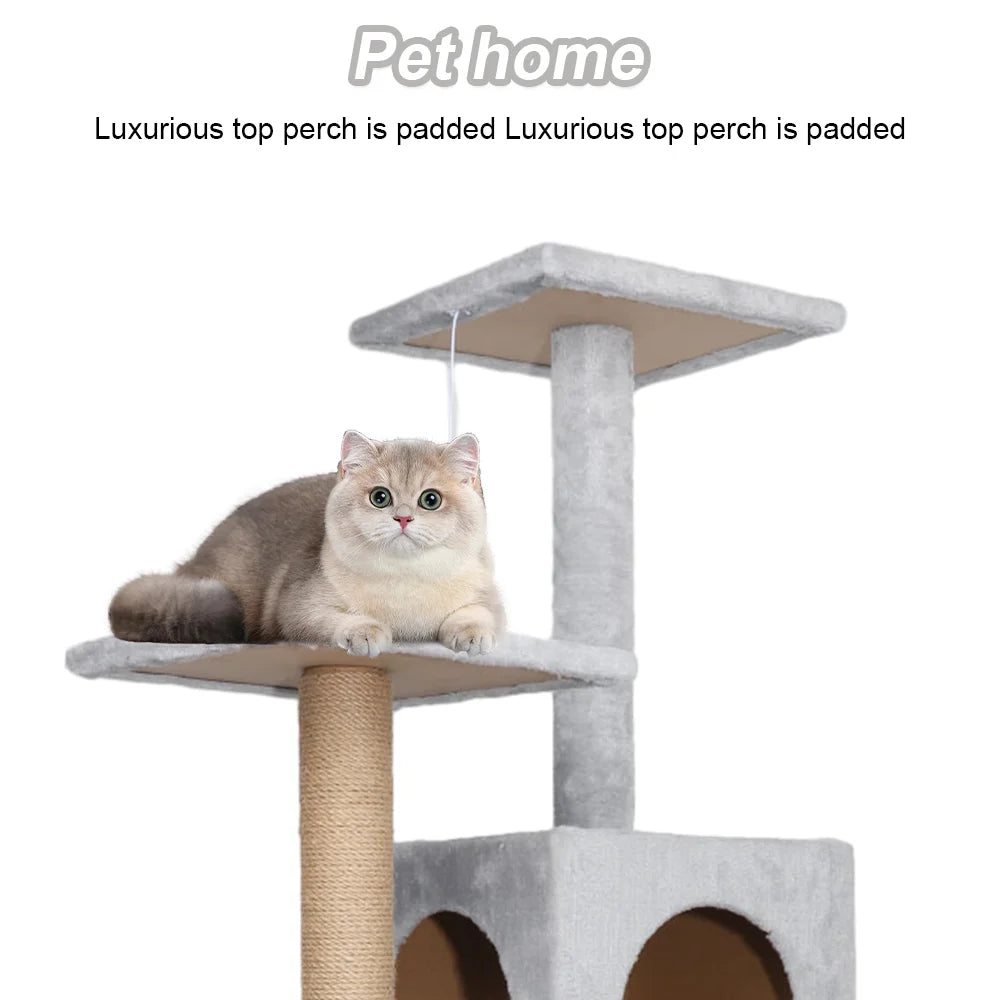Cat Climbing Frame Cat Tower Cat Tree House Plush Cat Condo w/ Scratching Post Perches Caves Hammock Padded Perches 53*38*125cm