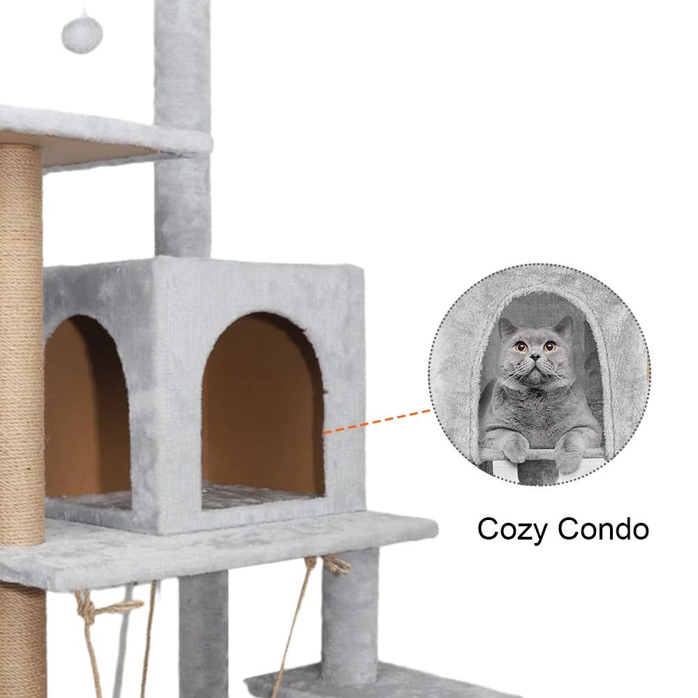 Cat Climbing Frame Cat Tower Cat Tree House Plush Cat Condo w/ Scratching Post Perches Caves Hammock Padded Perches 53*38*125cm