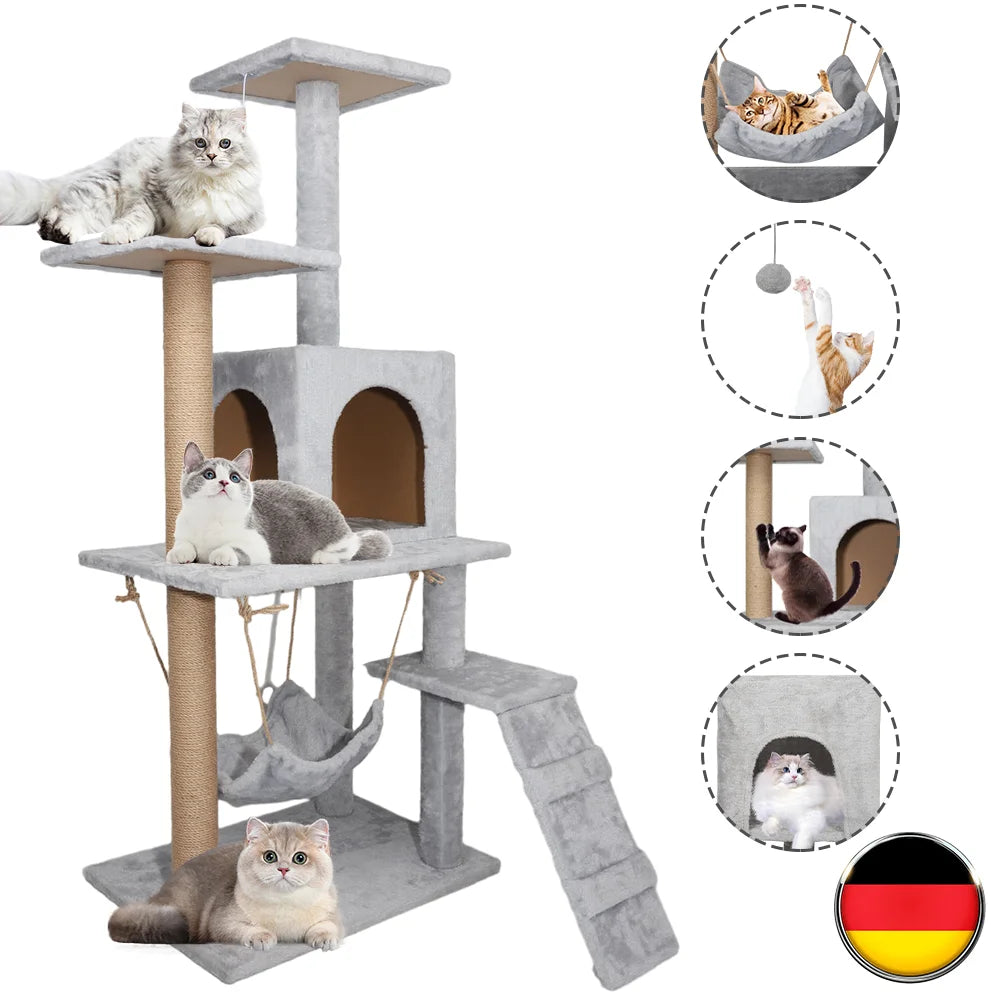 Cat Climbing Frame Cat Tower Cat Tree House Plush Cat Condo w/ Scratching Post Perches Caves Hammock Padded Perches 53*38*125cm
