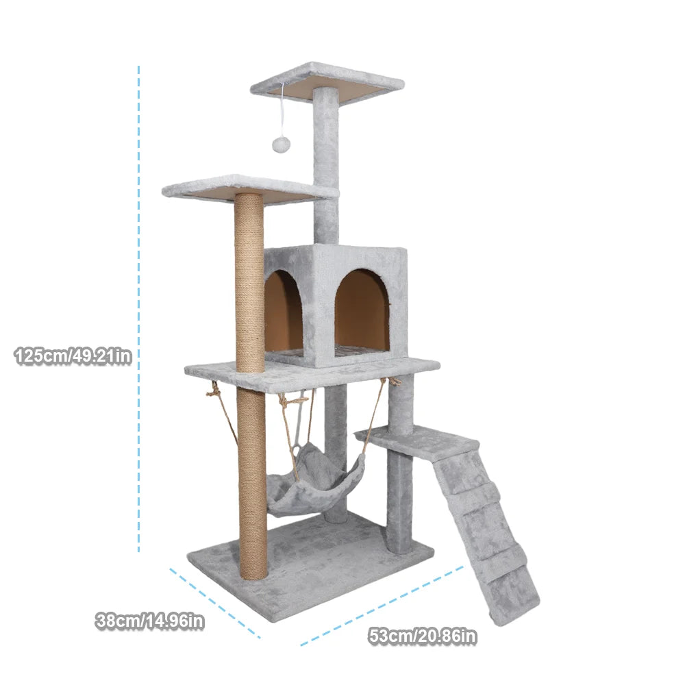 Cat Climbing Frame Cat Tower Cat Tree House Plush Cat Condo w/ Scratching Post Perches Caves Hammock Padded Perches 53*38*125cm